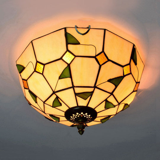 12"/16" White Dome Tiffany Ceiling Lamp - Multicolored Stained Glass, 2/3 Bulbs, Flush Mount Lighting