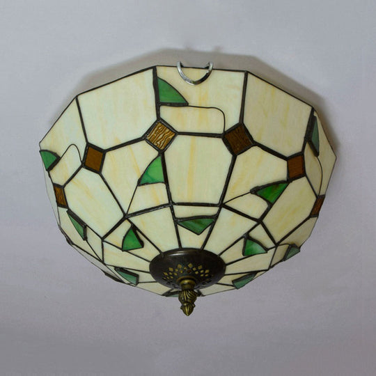 12/16 White Dome Tiffany Ceiling Lamp - Multicolored Stained Glass 2/3 Bulbs Flush Mount Lighting