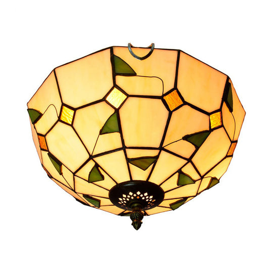 12/16 White Dome Tiffany Ceiling Lamp - Multicolored Stained Glass 2/3 Bulbs Flush Mount Lighting