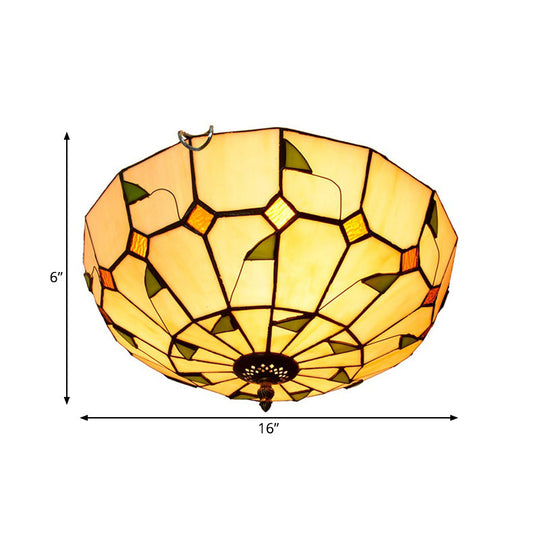 12/16 White Dome Tiffany Ceiling Lamp - Multicolored Stained Glass 2/3 Bulbs Flush Mount Lighting