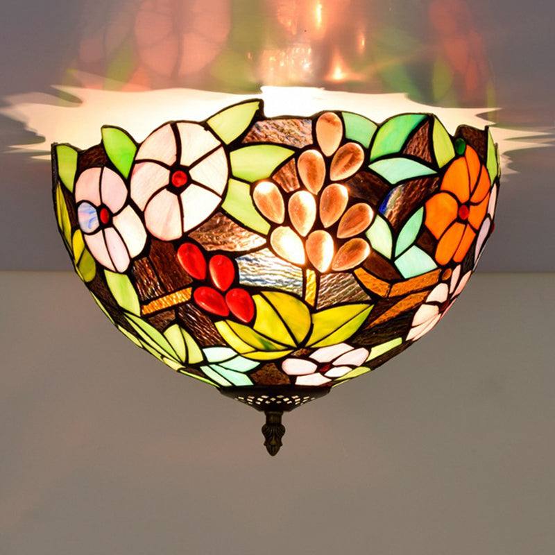 Flower Ceiling Lighting Tiffany Brass Flush Mount Light for Hallway - 2/3 Lights, 12"/16" Wide