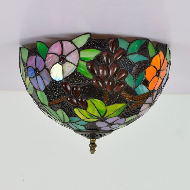 Flower Ceiling Lighting Tiffany Brass Flush Mount Light for Hallway - 2/3 Lights, 12"/16" Wide