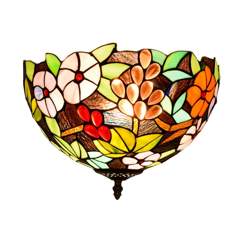 Flower Ceiling Lighting Tiffany Brass Flush Mount Light for Hallway - 2/3 Lights, 12"/16" Wide