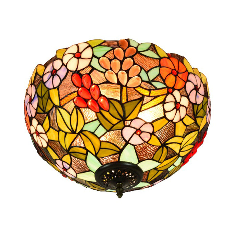 Flower Ceiling Lighting Tiffany Brass Flush Mount Light for Hallway - 2/3 Lights, 12"/16" Wide