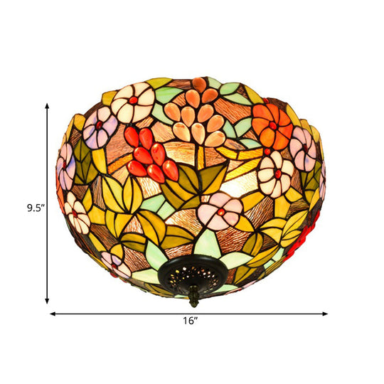 Flower Ceiling Lighting Tiffany Brass Flush Mount Light for Hallway - 2/3 Lights, 12"/16" Wide