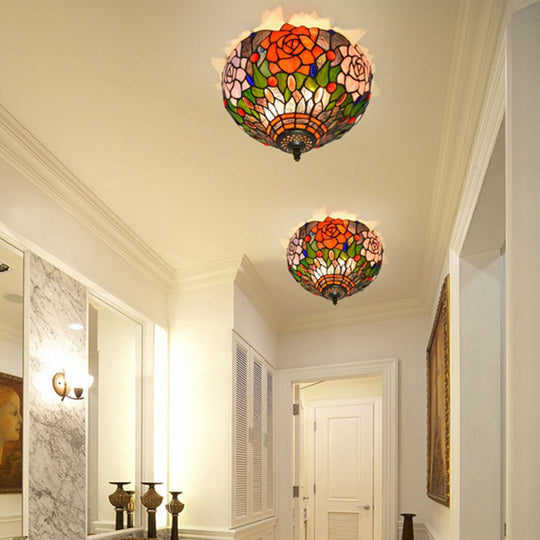 Tiffany Stained Glass Flush Mount Ceiling Light - Multicolored Brass Blossom Fixture, 2 Bulb