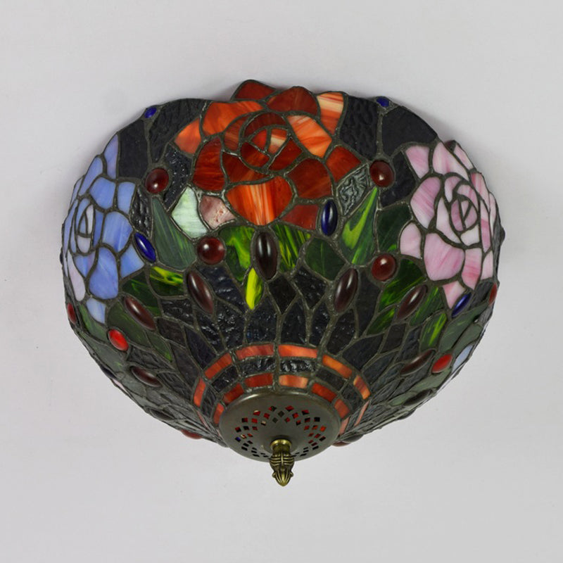 Tiffany Stained Glass Flush Mount Ceiling Light - Multicolored Brass Blossom Fixture, 2 Bulb