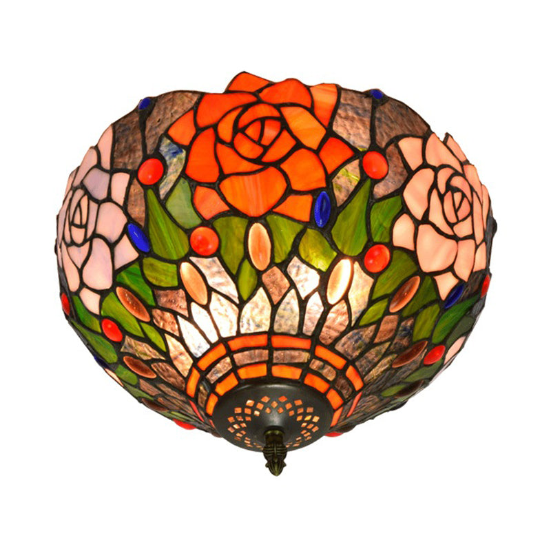 Tiffany Stained Glass Flush Mount Ceiling Light - Multicolored Brass Blossom Fixture, 2 Bulb