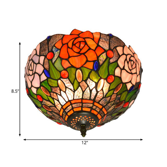 Tiffany Stained Glass Flush Mount Ceiling Light - Multicolored Brass Blossom Fixture, 2 Bulb