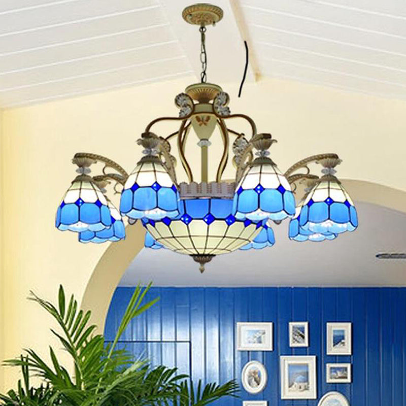 Tiffany Style Cut Glass Hanging Chandelier with 8/11 Domed Lights in Orange/Blue/Dark Blue, 31.5"/37.5" Wide