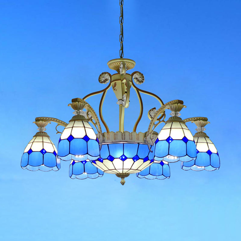 Tiffany Style Cut Glass Hanging Chandelier with 8/11 Domed Lights in Orange/Blue/Dark Blue, 31.5"/37.5" Wide