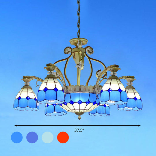 Tiffany Style Cut Glass Hanging Chandelier with 8/11 Domed Lights in Orange/Blue/Dark Blue, 31.5"/37.5" Wide