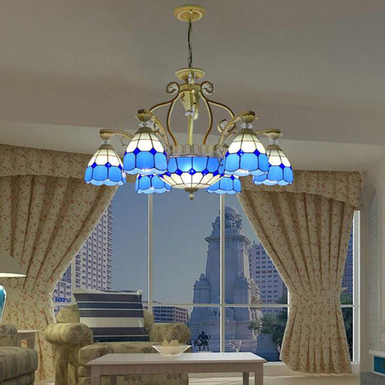 Tiffany Style Cut Glass Hanging Chandelier with 8/11 Domed Lights in Orange/Blue/Dark Blue, 31.5"/37.5" Wide