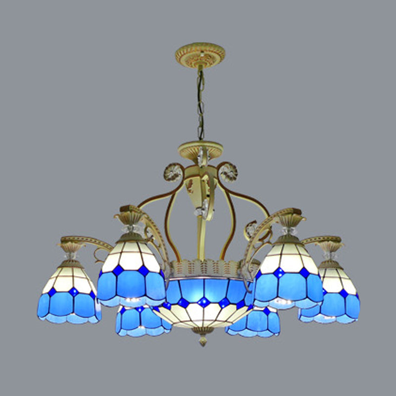 Tiffany Style Cut Glass Hanging Chandelier with 8/11 Domed Lights in Orange/Blue/Dark Blue, 31.5"/37.5" Wide