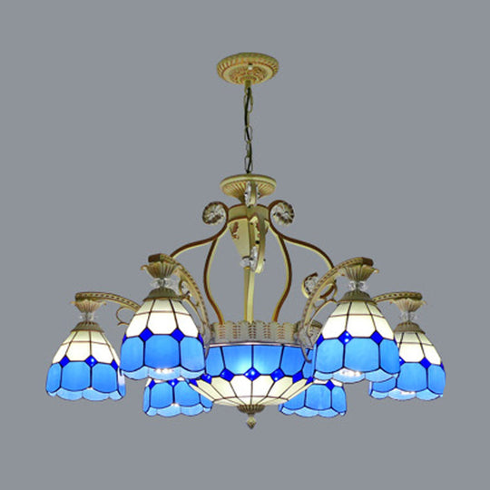 Tiffany Style Cut Glass Hanging Chandelier with 8/11 Domed Lights in Orange/Blue/Dark Blue, 31.5"/37.5" Wide