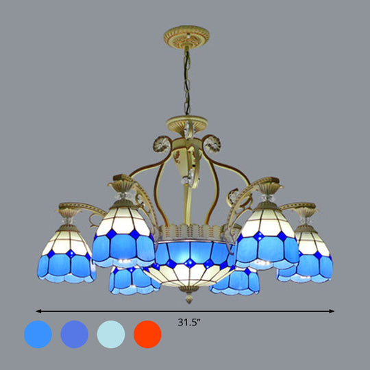 Tiffany Style Cut Glass Hanging Chandelier with 8/11 Domed Lights in Orange/Blue/Dark Blue, 31.5"/37.5" Wide