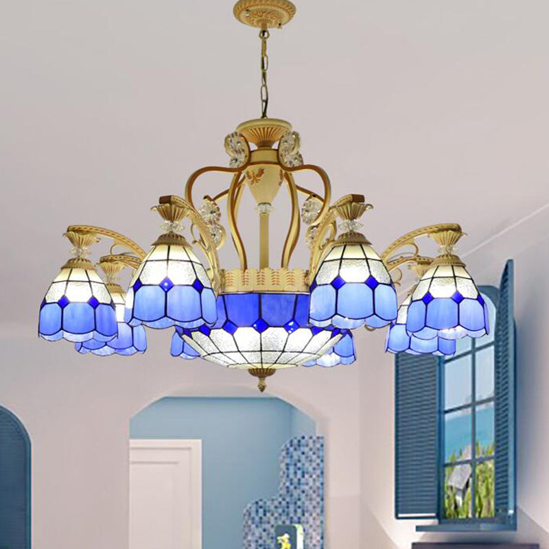 Tiffany Style Cut Glass Hanging Chandelier with 8/11 Domed Lights in Orange/Blue/Dark Blue, 31.5"/37.5" Wide