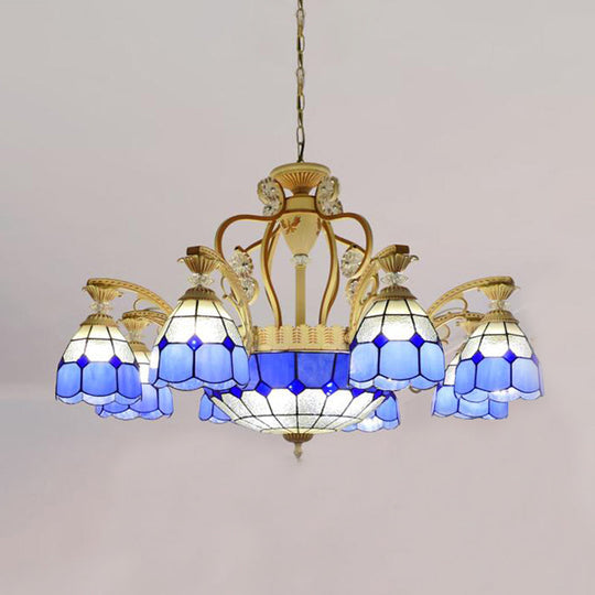 Tiffany Style Cut Glass Hanging Chandelier with 8/11 Domed Lights in Orange/Blue/Dark Blue, 31.5"/37.5" Wide