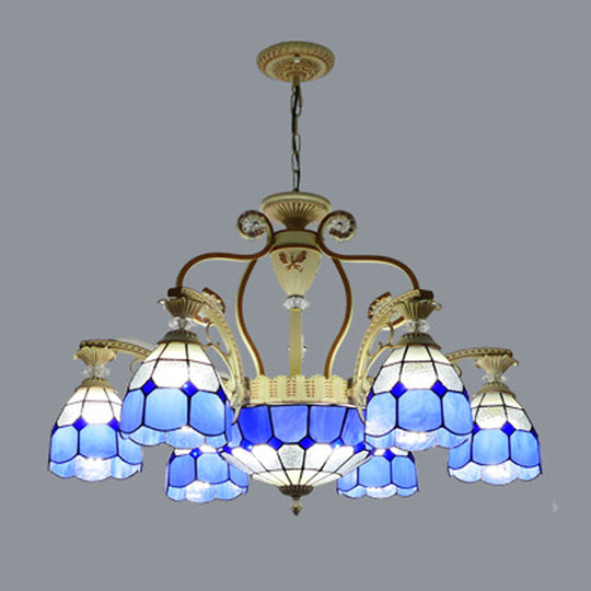 Tiffany Style Cut Glass Hanging Chandelier with 8/11 Domed Lights in Orange/Blue/Dark Blue, 31.5"/37.5" Wide