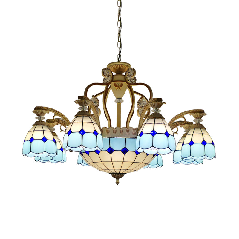 Tiffany Style Cut Glass Hanging Chandelier with 8/11 Domed Lights in Orange/Blue/Dark Blue, 31.5"/37.5" Wide