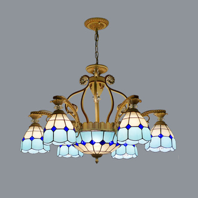 Tiffany Style Cut Glass Hanging Chandelier with 8/11 Domed Lights in Orange/Blue/Dark Blue, 31.5"/37.5" Wide