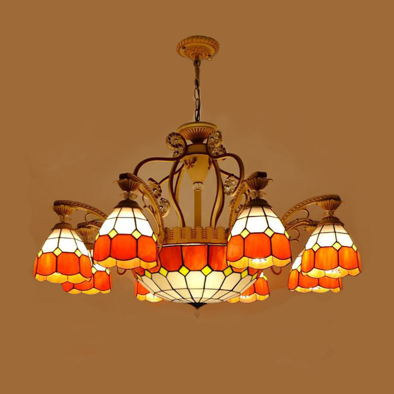 Tiffany Style Cut Glass Hanging Chandelier with 8/11 Domed Lights in Orange/Blue/Dark Blue, 31.5"/37.5" Wide