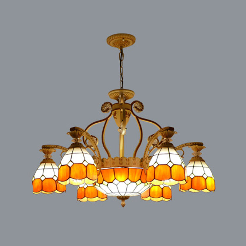 Tiffany Style Cut Glass Hanging Chandelier with 8/11 Domed Lights in Orange/Blue/Dark Blue, 31.5"/37.5" Wide