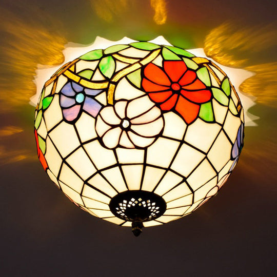 Peony Ceiling Light - Tiffany Bronze Stained Glass Flush Mount Fixture for Bedroom