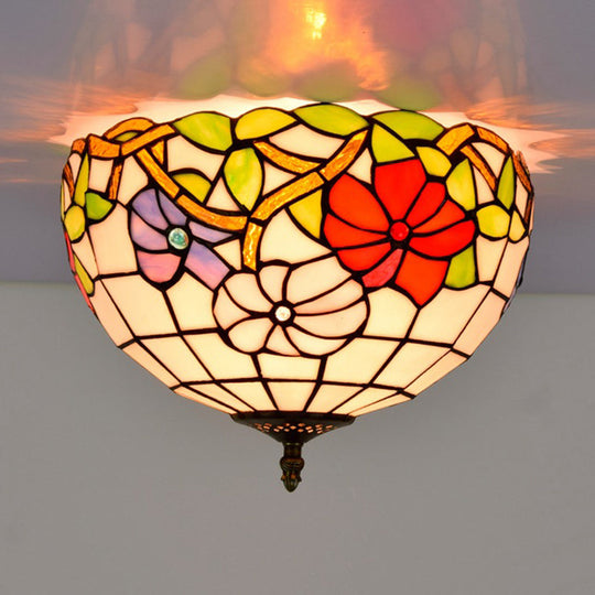 Peony Ceiling Light - Tiffany Bronze Stained Glass Flush Mount Fixture for Bedroom