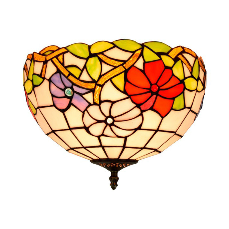 Peony Ceiling Light - Tiffany Bronze Stained Glass Flush Mount Fixture for Bedroom