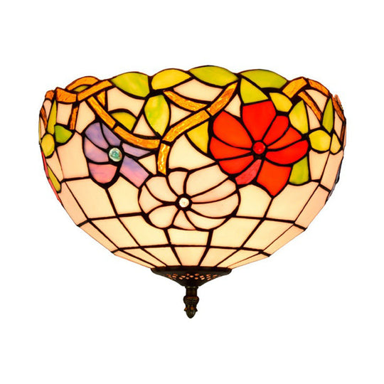 Peony Ceiling Light - Tiffany Bronze Stained Glass Flush Mount Fixture For Bedroom