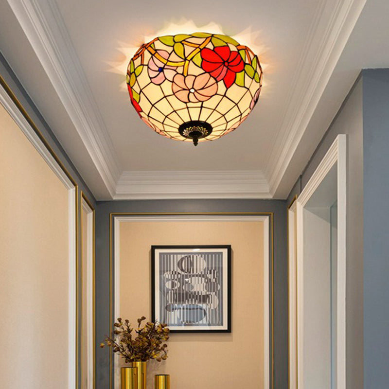 Peony Ceiling Light - Tiffany Bronze Stained Glass Flush Mount Fixture for Bedroom