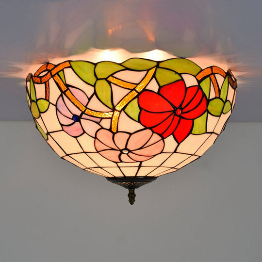 Peony Ceiling Light - Tiffany Bronze Stained Glass Flush Mount Fixture for Bedroom