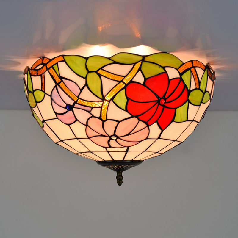 Peony Ceiling Light - Tiffany Bronze Stained Glass Flush Mount Fixture For Bedroom