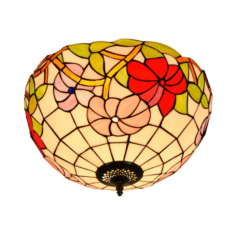 Peony Ceiling Light - Tiffany Bronze Stained Glass Flush Mount Fixture for Bedroom