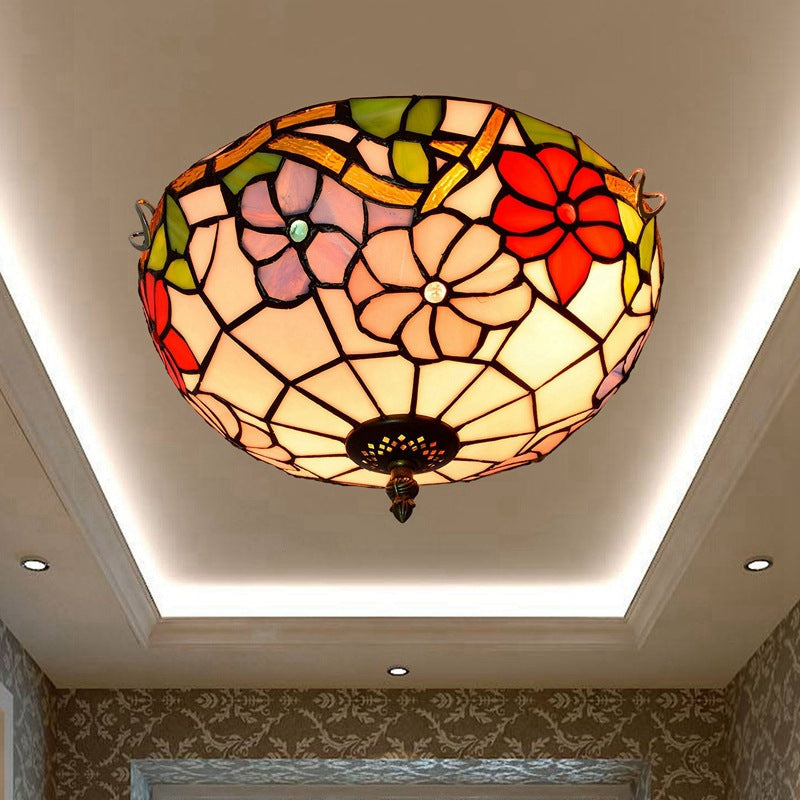 Peony Ceiling Light - Tiffany Bronze Stained Glass Flush Mount Fixture for Bedroom