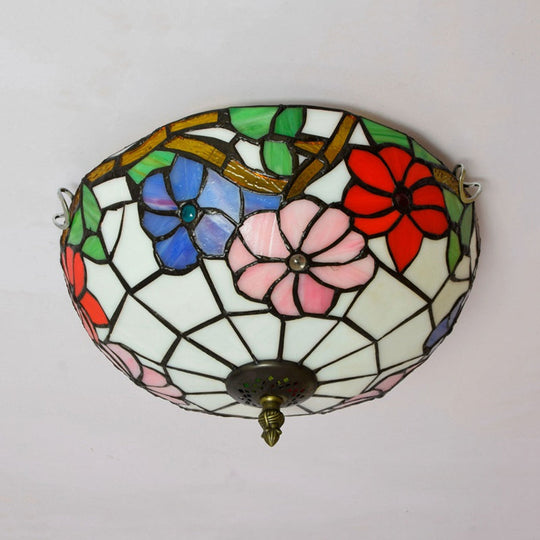 Peony Ceiling Light - Tiffany Bronze Stained Glass Flush Mount Fixture for Bedroom