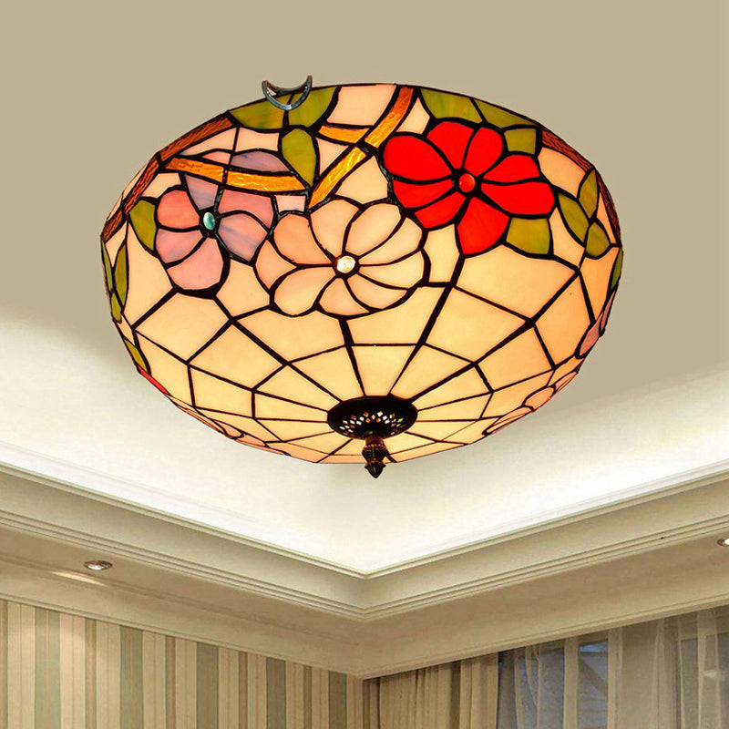 Peony Ceiling Light - Tiffany Bronze Stained Glass Flush Mount Fixture for Bedroom