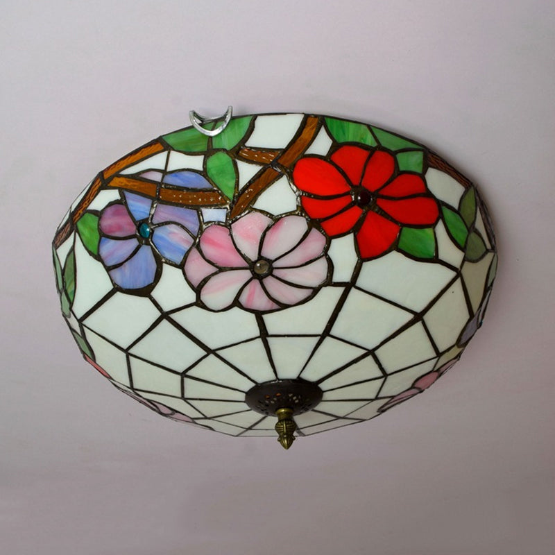 Peony Ceiling Light - Tiffany Bronze Stained Glass Flush Mount Fixture For Bedroom