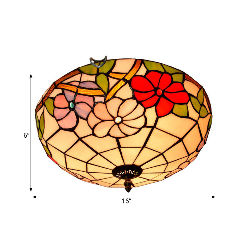 Peony Ceiling Light - Tiffany Bronze Stained Glass Flush Mount Fixture for Bedroom