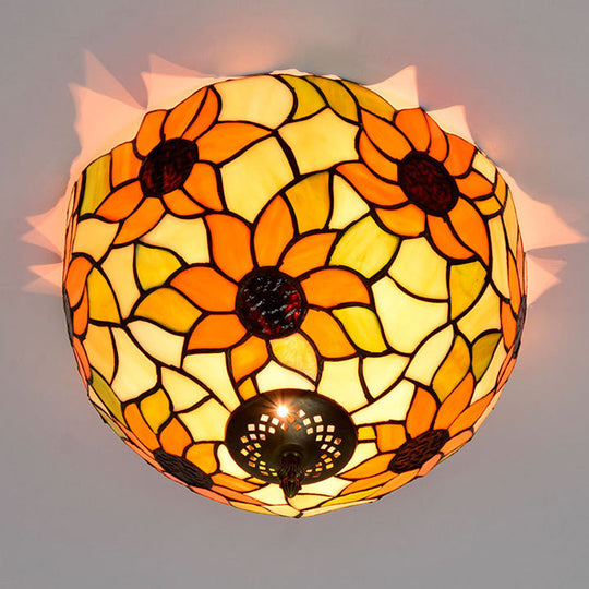 Sunflower Stained Glass Ceiling Fixture - Tiffany 2/3 Lights Yellow & Green Flushmount Lamp 12/16 W