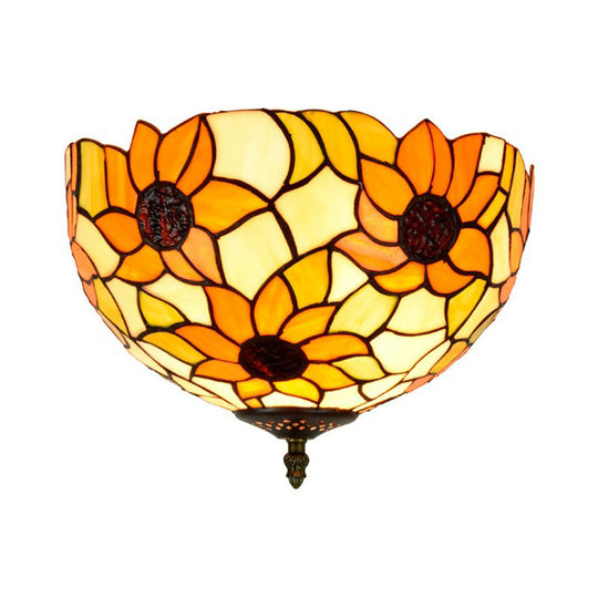 Sunflower Stained Glass Ceiling Fixture - Tiffany 2/3 Lights Yellow & Green Flushmount Lamp 12/16 W