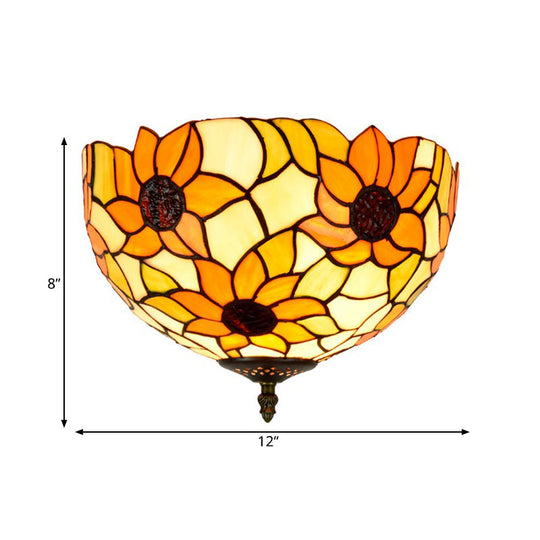 Sunflower Stained Glass Ceiling Fixture - Tiffany 2/3 Lights Yellow & Green Flushmount Lamp 12/16 W