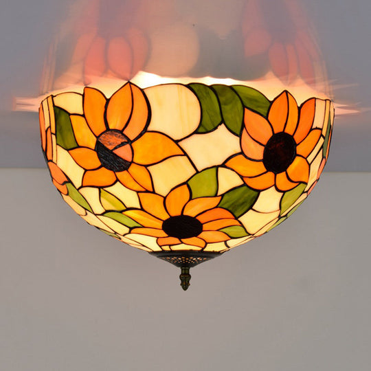 Sunflower Stained Glass Ceiling Fixture - Tiffany 2/3 Lights Yellow & Green Flushmount Lamp 12/16 W