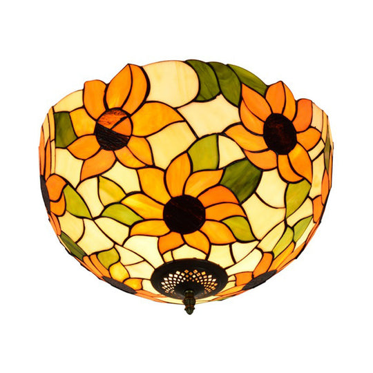 Sunflower Stained Glass Ceiling Fixture - Tiffany 2/3 Lights Yellow & Green Flushmount Lamp 12/16 W