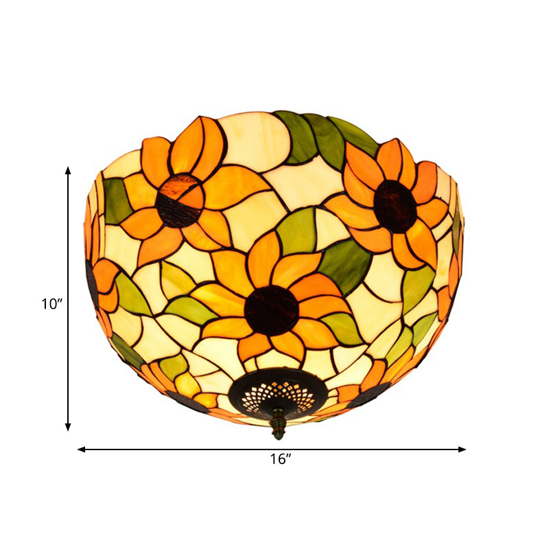 Sunflower Stained Glass Ceiling Fixture - Tiffany 2/3 Lights Yellow & Green Flushmount Lamp 12/16 W