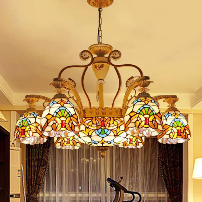 Mediterranean Brown Pendant Chandelier with Flower Stained Glass Shade - 8/11 Lights for Living Room Ceiling