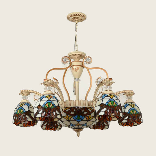 Mediterranean Brown Pendant Chandelier with Flower Stained Glass Shade - 8/11 Lights for Living Room Ceiling