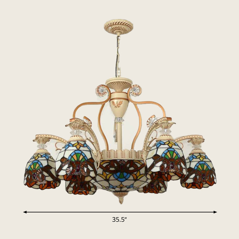 Mediterranean Brown Pendant Chandelier with Flower Stained Glass Shade - 8/11 Lights for Living Room Ceiling