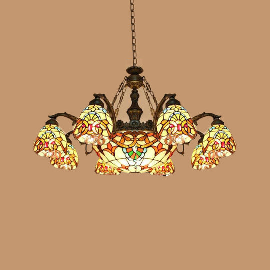 Mediterranean Brown Pendant Chandelier with Flower Stained Glass Shade - 8/11 Lights for Living Room Ceiling